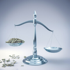 steel scales of justice with bundles of dollars money