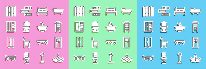 Set line Chandelier, Closed door, Bathroom rack with shelves for towels, Big bed, Toilet bowl, Wardrobe, Garden fence wooden and Washbasin water tap icon. Vector