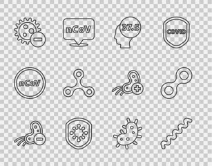 Set line Negative virus, Virus, High human body temperature, Shield protecting from, and icon. Vector