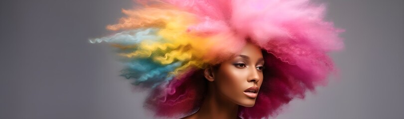 Fototapeta premium beautiful young girl with long curly hair, brightly colored hair, rainbow color, unicorn, healthy hair concept, hair care, curls. Stylist and hairdressing concept. AI generated