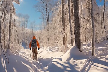 Durham Adventure: One Man Snowshoeing on Sunny Winter Day in New Hampshire Forest. Outdoors Horizontal Shot of Jacket-Clad Hiker - obrazy, fototapety, plakaty