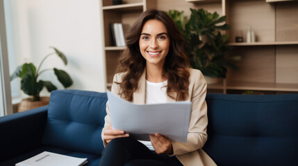 Happy professional female psychologist holding clipboard sitting at sofa in her office