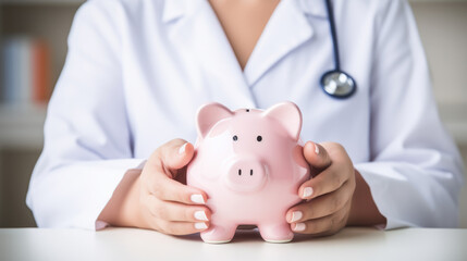 Woman doctor holding a pink piggy bank. Created with Generative AI technology.