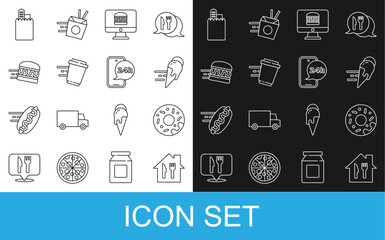 Set line Online ordering and delivery, Donut, ice cream, Coffee cup to go, burger, and Food icon. Vector