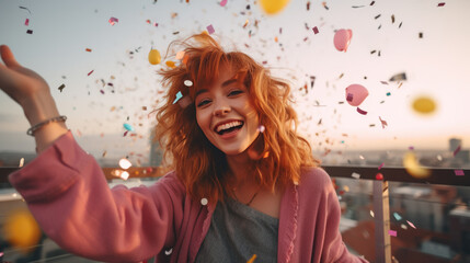 Young woman surrounded by flying confetti at outdoor party.