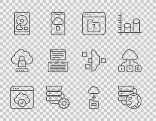 Set line Cloud technology data transfer, Network cloud connection, File missing, Server and gear, Hard disk drive HDD, Server, Data, Web Hosting, and icon. Vector
