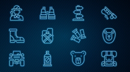 Set line Hiking backpack, Wild lion, Road traffic sign, Canteen water bottle, Hunter boots, Cartridges and Binoculars icon. Vector