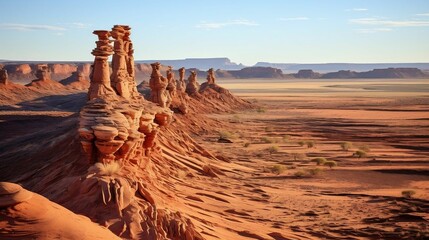 Arid desert plain with towering sandstone spires in distance 