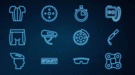 Set line Bicycle chain, air pump, Stopwatch, helmet, Cycling shorts, t-shirt, brake disc and sprocket crank icon. Vector