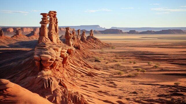 Arid desert plain with towering sandstone spires in distance © Halim Karya Art