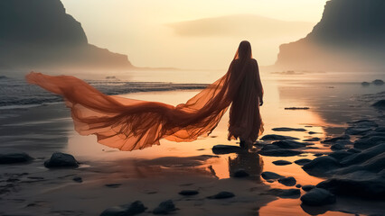 A woman in a long sheer dress like a fashion halloween ghost costume on the beach. Halloween concept. - obrazy, fototapety, plakaty