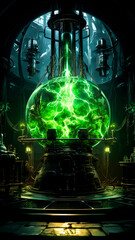 A green electric plasma ball inside a boiler room. Futuristic Halloween concept illustration.