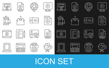 Set line Retro cinema camera, MOV file document, AVI, Camera shutter, Sleeveless T-shirt, roll cartridge, Video recorder on laptop and Photo and video shooting icon. Vector