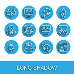 Set line Loss of friend, BFF or best friends forever, Complicated relationship, Dating app online, International community, Necklace with heart shaped and Video chat conference icon. Vector