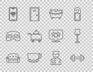 Set line Sofa, Dumbbell, Bathtub, Coffee cup, Mobile with wi-fi wireless, Covered tray food, Concierge and Table lamp icon. Vector