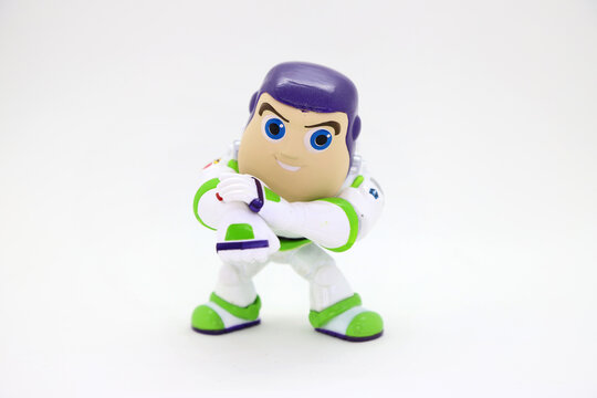 Buzz Lightyear toy doll character from the Pixar Toy Story movie. Astronaut friend of the cowboy Woody. Character from the movie Lightyear. Front view.