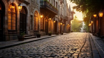 Cobblestone alley lined with historic buildings and lanterns
