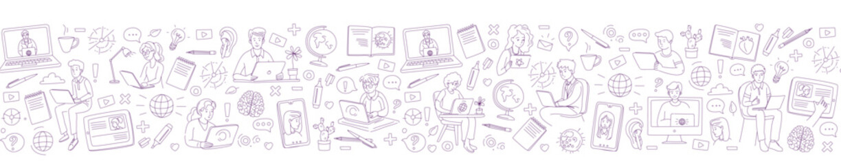 Learning online, e-learning video call chat with class. Distance education