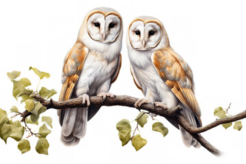 Image of two barn owl on a branch on a white background. Birds. Animals. Illustration, Generative AI.
