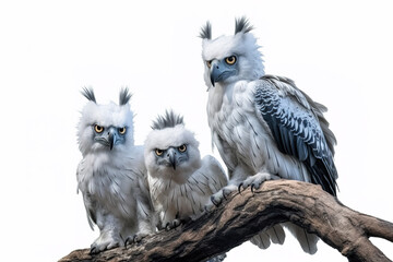 Image of group of harpy eagle on a branch on a white background. Birds. Animals. Illustration, Generative AI. - obrazy, fototapety, plakaty