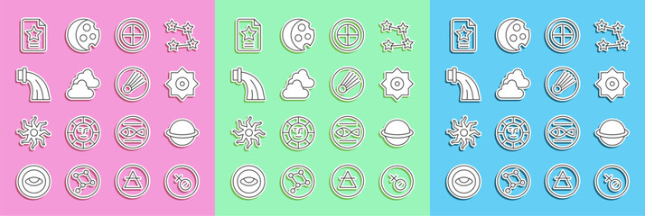 Set line Venus symbol, Planet Saturn, Falling star, Earth globe, Cloudy weather, Aquarius zodiac, Star constellation and Comet icon. Vector