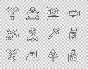 Set line Poisoned pill, Bottle with potion, Book about poisons, Wastewater, Fly agaric mushroom, Bones and skull, and Spray against insects icon. Vector