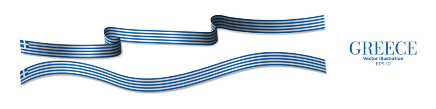 3D Greek Flag Ribbons. 3d Rendered Greece Flag Ribbons with shadows. Long Flag of Greece Set. Curled and rendered in perspective. Graphic Resource. Vector Illustration.
