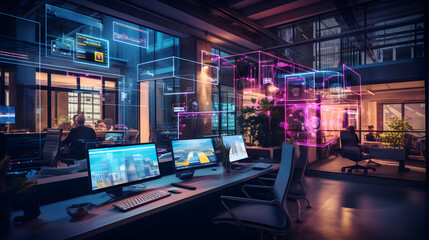 Modern neon cyberpunk open space office interior blurred with information technology overlay. Corporate strategy for finance, operations, marketing - obrazy, fototapety, plakaty