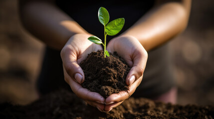 Woman holds fertile soil in his hands with growing green seedling. - obrazy, fototapety, plakaty