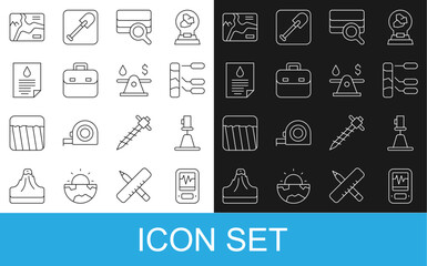 Set line Seismograph, Tacheometer, theodolite, Soil analysis, Briefcase, Oil drop document, Topographic map and money icon. Vector