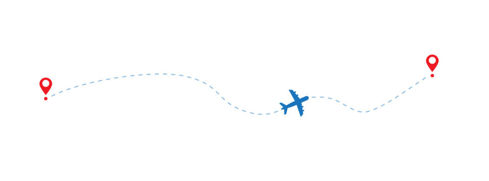 Airplane flight route. Flight tourism route path. Starting pin to destination point. Vector illustration