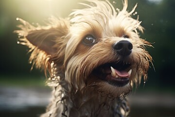 Cute small happy smiling wet muzzle Yorkshire Terrier dog enjoying looking up walk rain outside. Funny pet portrait. Homeless unfortunate animal plaintive eyes puppy care veterinary health service