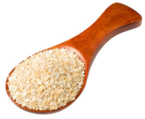 Raw oat bran in the wooden spoon, isolated on white background.