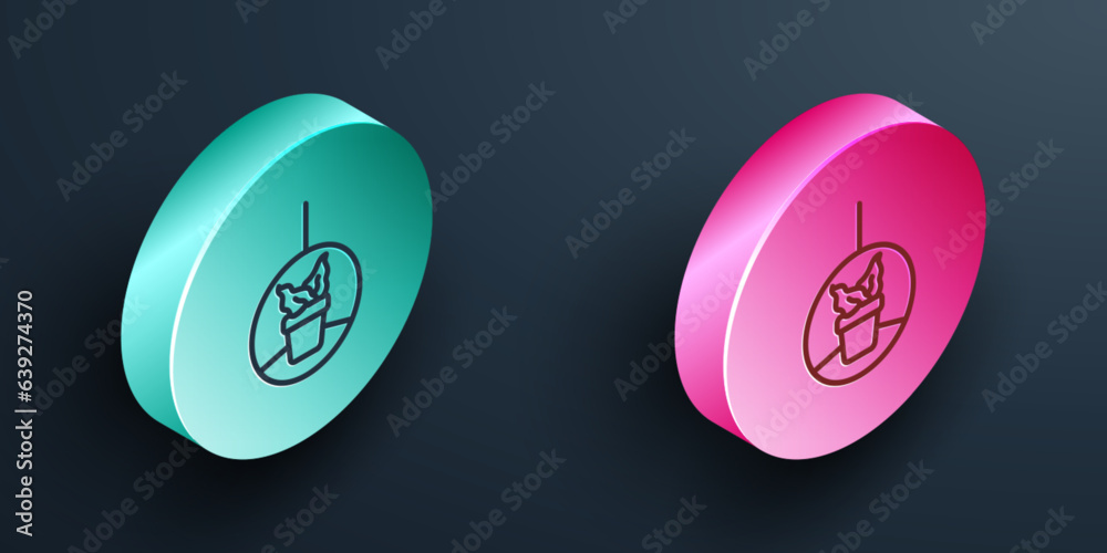 Wall mural Isometric line Plant in hanging pot icon isolated on black background. Decorative macrame handmade hangers for flower pot, hang indoor plants. Turquoise and pink circle button. Vector