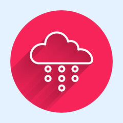 White line Cloud with rain icon isolated with long shadow. Rain cloud precipitation with rain drops. Red circle button. Vector
