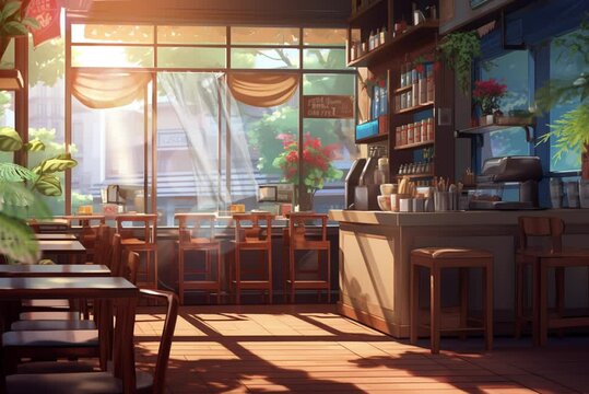 cafe atmosphere during the day in anime illustration style, 4K animation