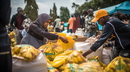 Volunteers hand out food for charity