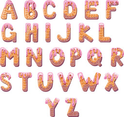 Alphabet material in the form of gingerbread with icing with a fun atmosphere. Cheerful, multi-colored, glossy, children's alphabet. Colored letters. Vector illustration. Set of letters of the English