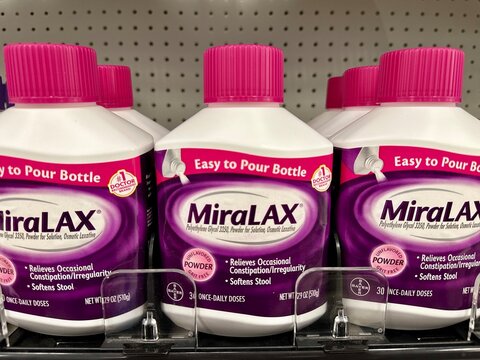 Bottles of MiraLax on a store shelf 