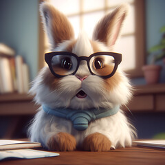 Fluffy white rabbit with glasses