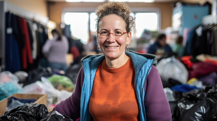 Portrait of a volunteer against a background of clothing for charity