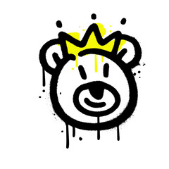 Obraz premium Grunge teddy bear face with crown urban graffiti drawing. Vector textured illustration design for fashion graphics, t shirt prints in 90s street art style
