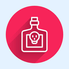 White line Bottle with potion icon isolated with long shadow background. Flask with magic potion. Happy Halloween party. Red circle button. Vector
