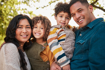 Obraz premium Park, portrait and happy kids, mother or father smile for green woods, morning walk and bond in wellness garden. Natural forest, family happiness or face of children, mama and papa together in Mexico