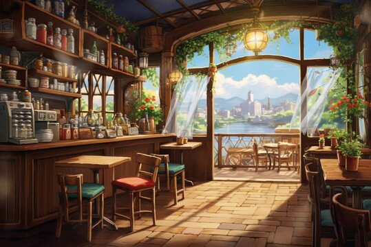 cafe atmosphere during the day in anime illustration style, 4K animation