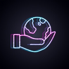 Glowing neon line Human hand holding Earth globe icon isolated on black background. Save earth concept. Vector
