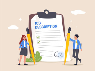 Job description concept. Qualification and requirement for job position, working scope document, duty and responsibility for employment, business people employer writing job description document. - obrazy, fototapety, plakaty