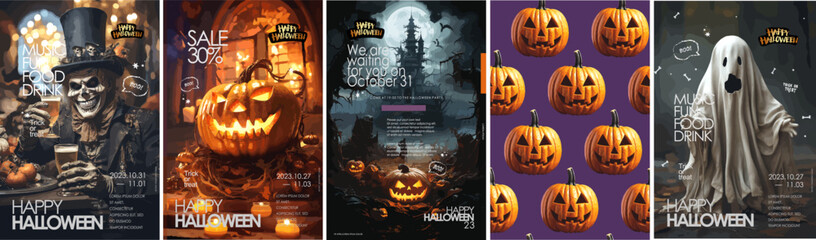 Happy Halloween. Vector illustrations of costume party, pumpkin, pattern, gloomy castle and ghost for background, poster or flyer.  - obrazy, fototapety, plakaty