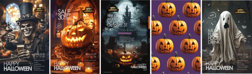 Schilderijen op glas Happy Halloween. Vector illustrations of costume party, pumpkin, pattern, gloomy castle and ghost for background, poster or flyer.  © Ardea-studio