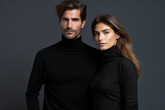 Young man and woman models wearing black plain turtleneck sweaters, winter sweater display, winter couple outfits, winter basic sweater display, black sweater mockup, winter sale cover